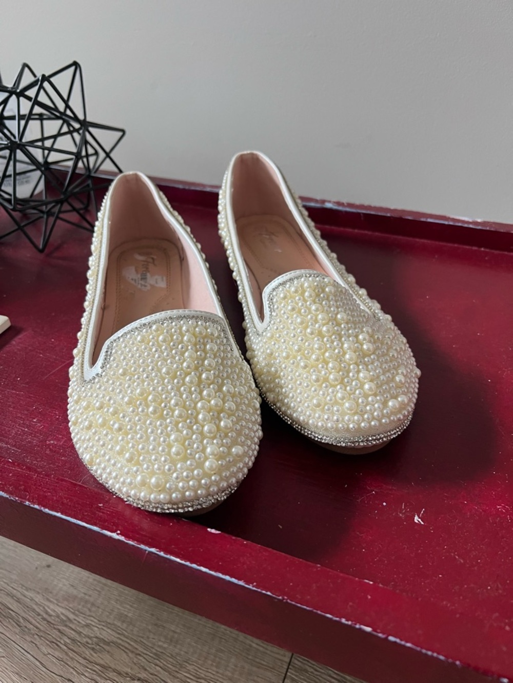 Pearl-Embellished Slip-On Flats in Cream